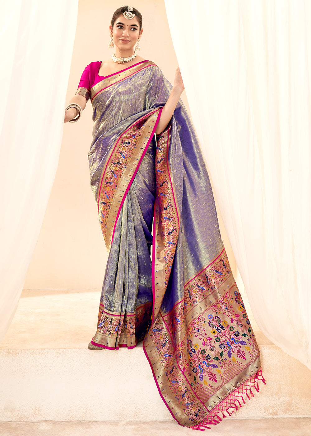 Silver Grey Woven Paithani Tissue Silk Saree