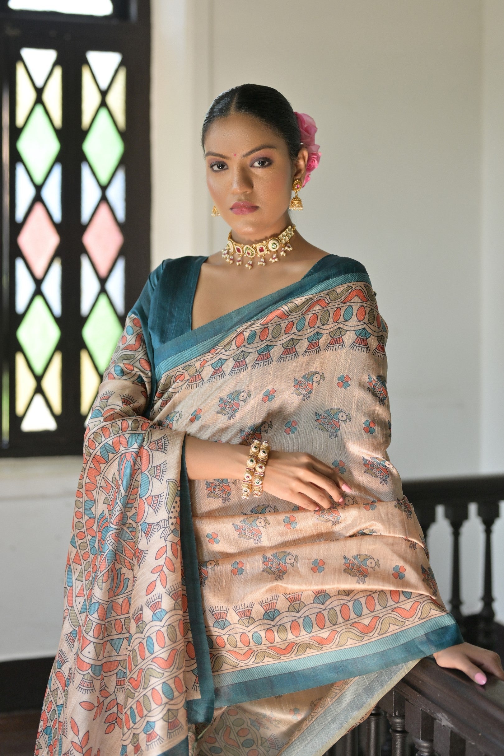 Peach Cream and Green Madhubani Printed Tussar Silk Saree