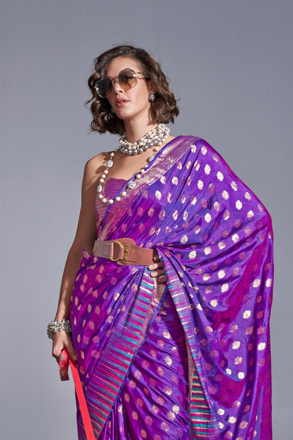 Purple Plum Banarasi Handloom Temple Border Silk Saree