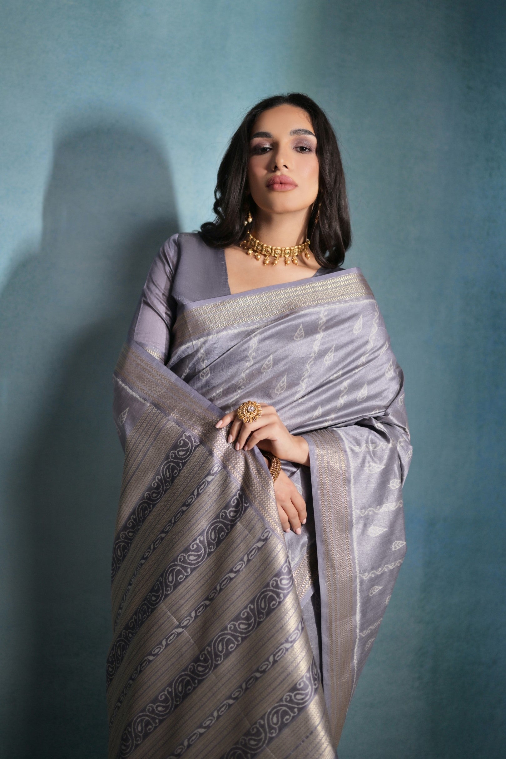 Mountain Mist Grey Ikkat Woven Raw Silk Saree