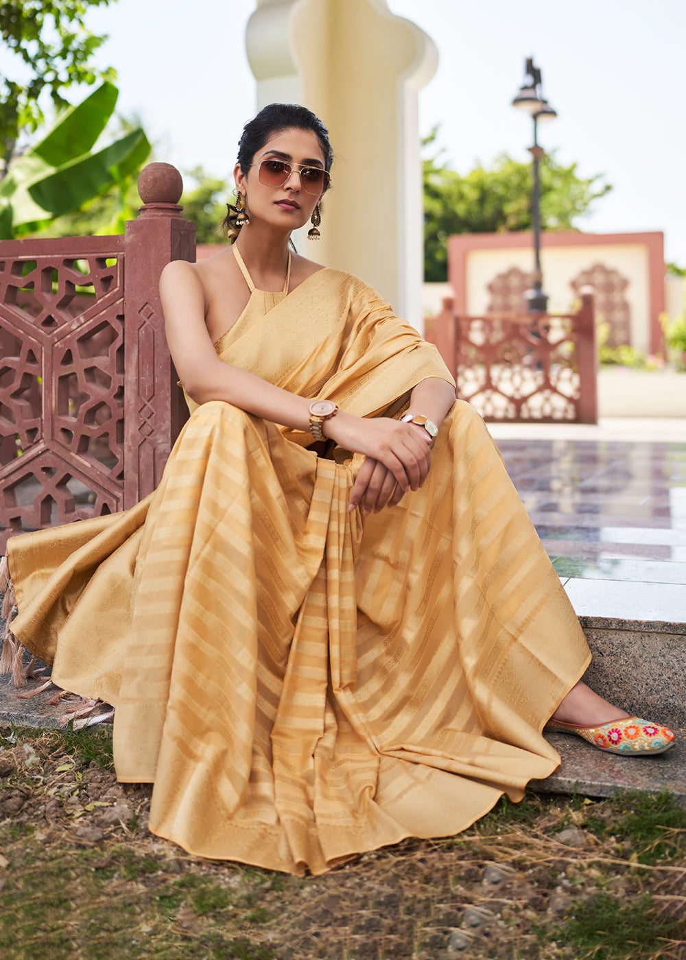 Gold Sand Cream Woven Lehriya Georgette Saree