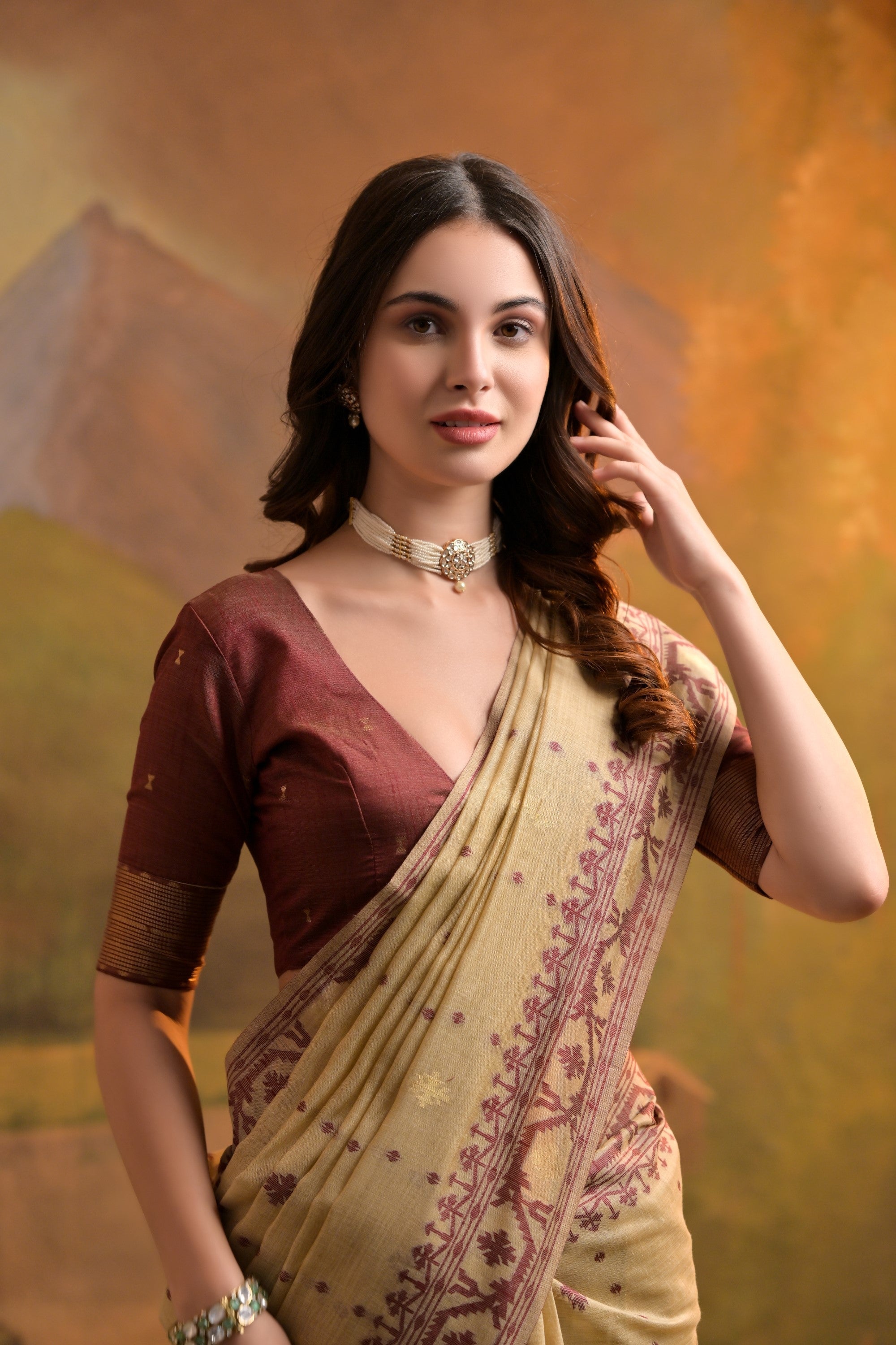 Brandy Cream Jamdani Woven Muga Cotton Saree