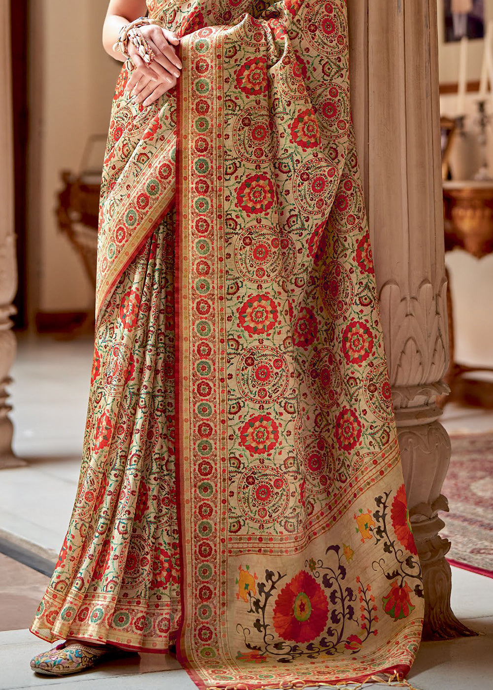 Antique Brass Brown Banarasi Printed Silk Saree