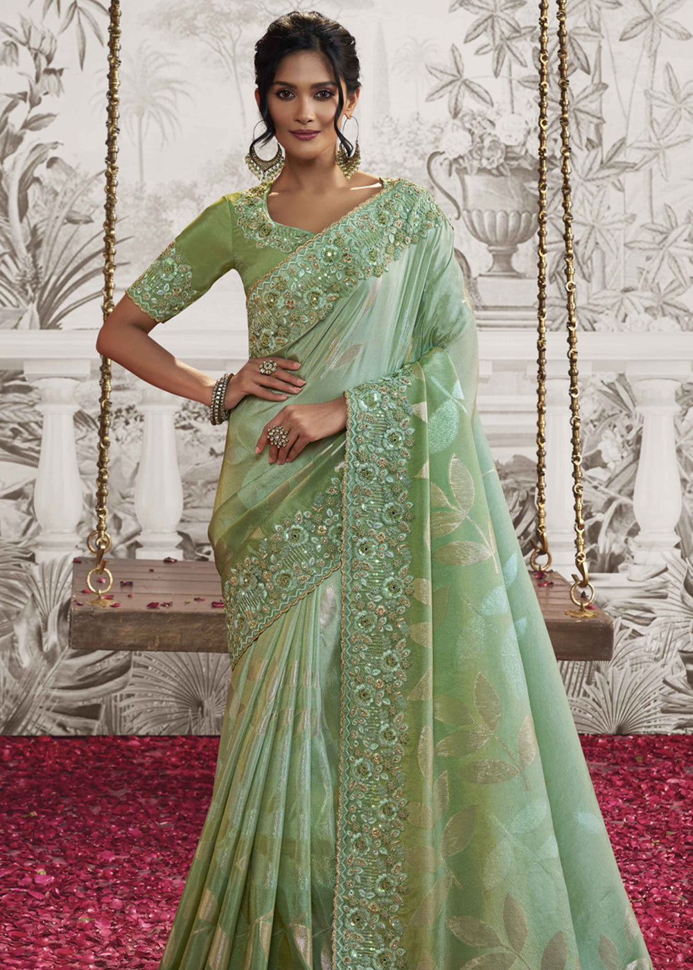 Mint Green Embroidered Designer Silk Saree