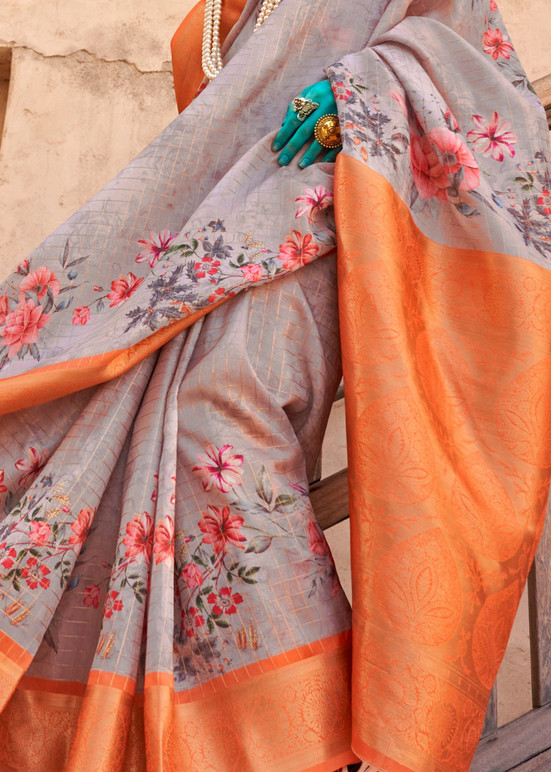 Cloudy Grey and Orange Georgette Handloom Printed Saree