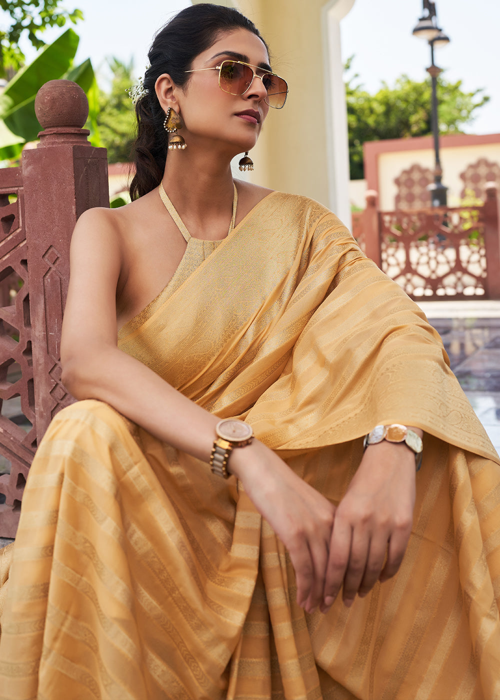 Gold Sand Cream Woven Lehriya Georgette Saree