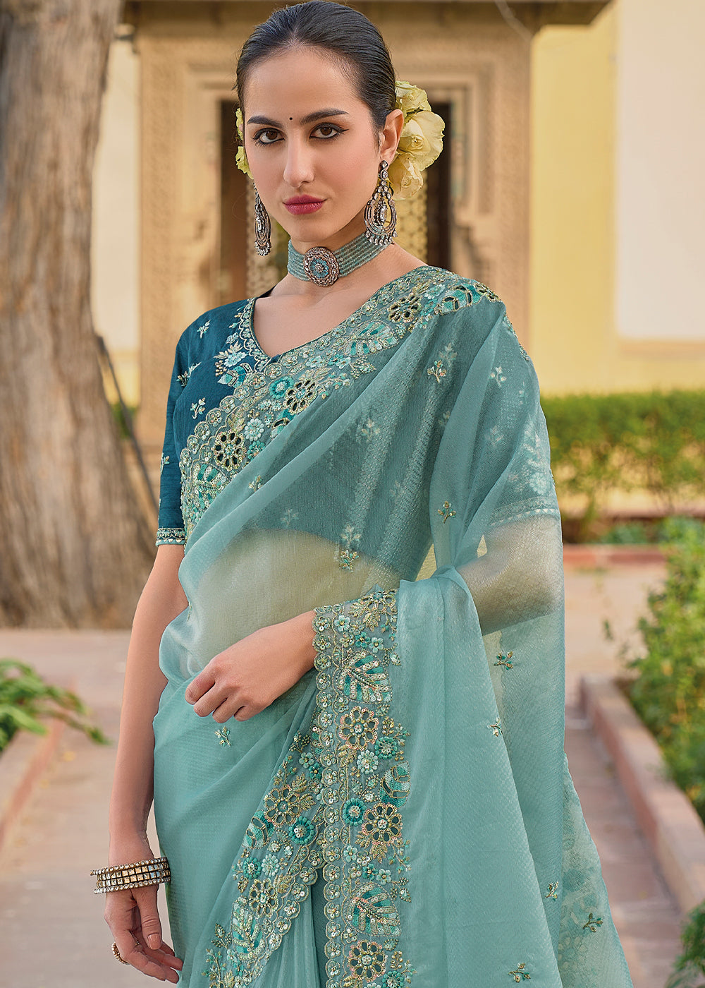 Sea Nymph Blue Tissue Organza Embroidered Silk Saree