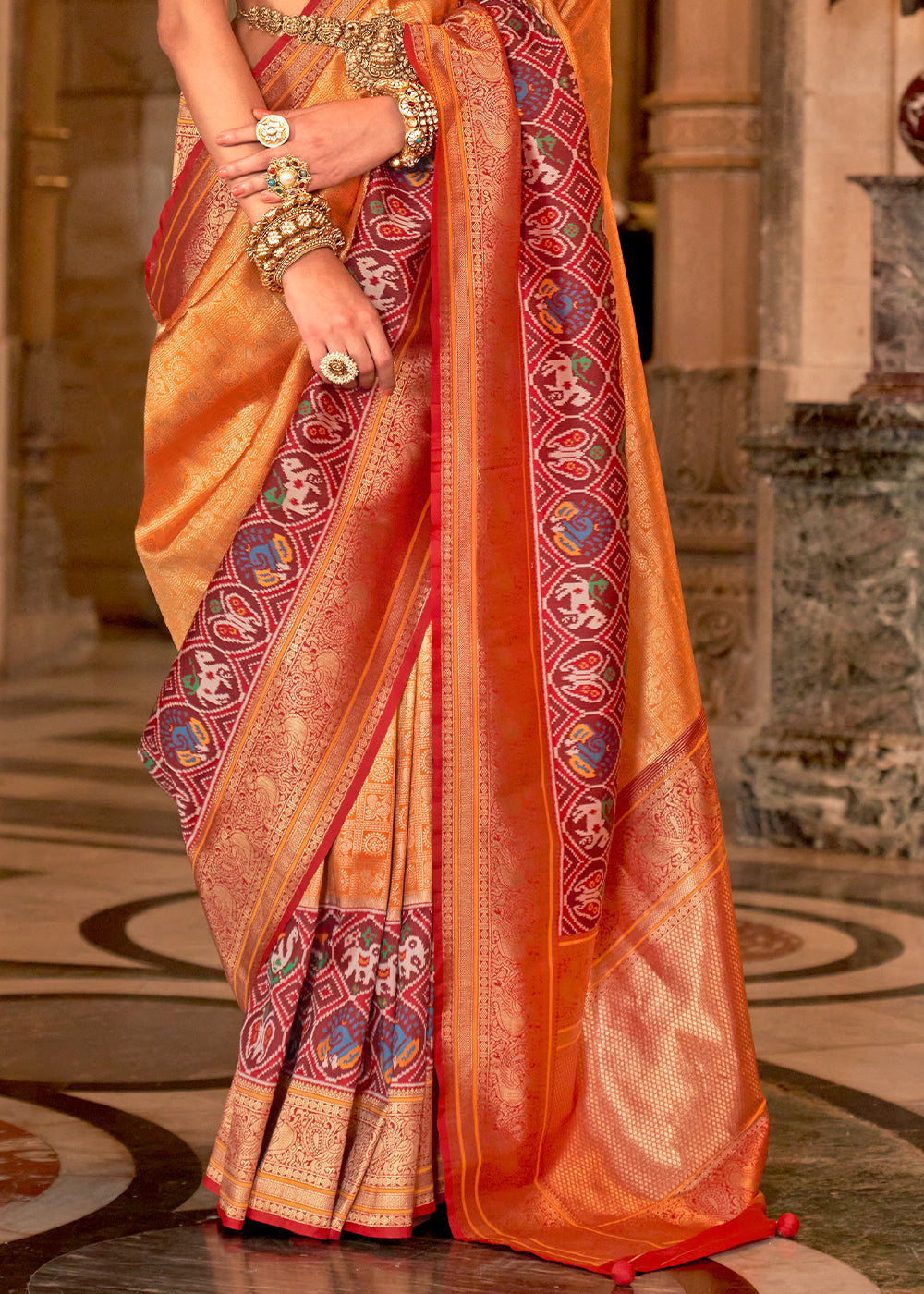 Raw Sienna Orange Zari Woven Banarasi Meenkari Silk Saree