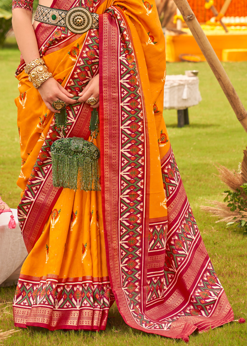 Tree Poppy Yellow Printed Patola Designer Silk Saree