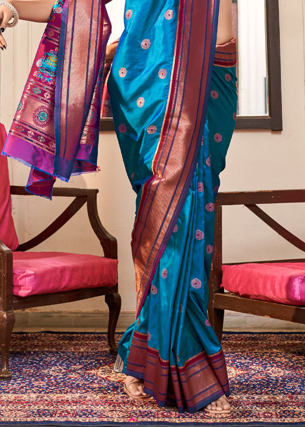 Azure Blue Woven Paithani Soft Silk Saree