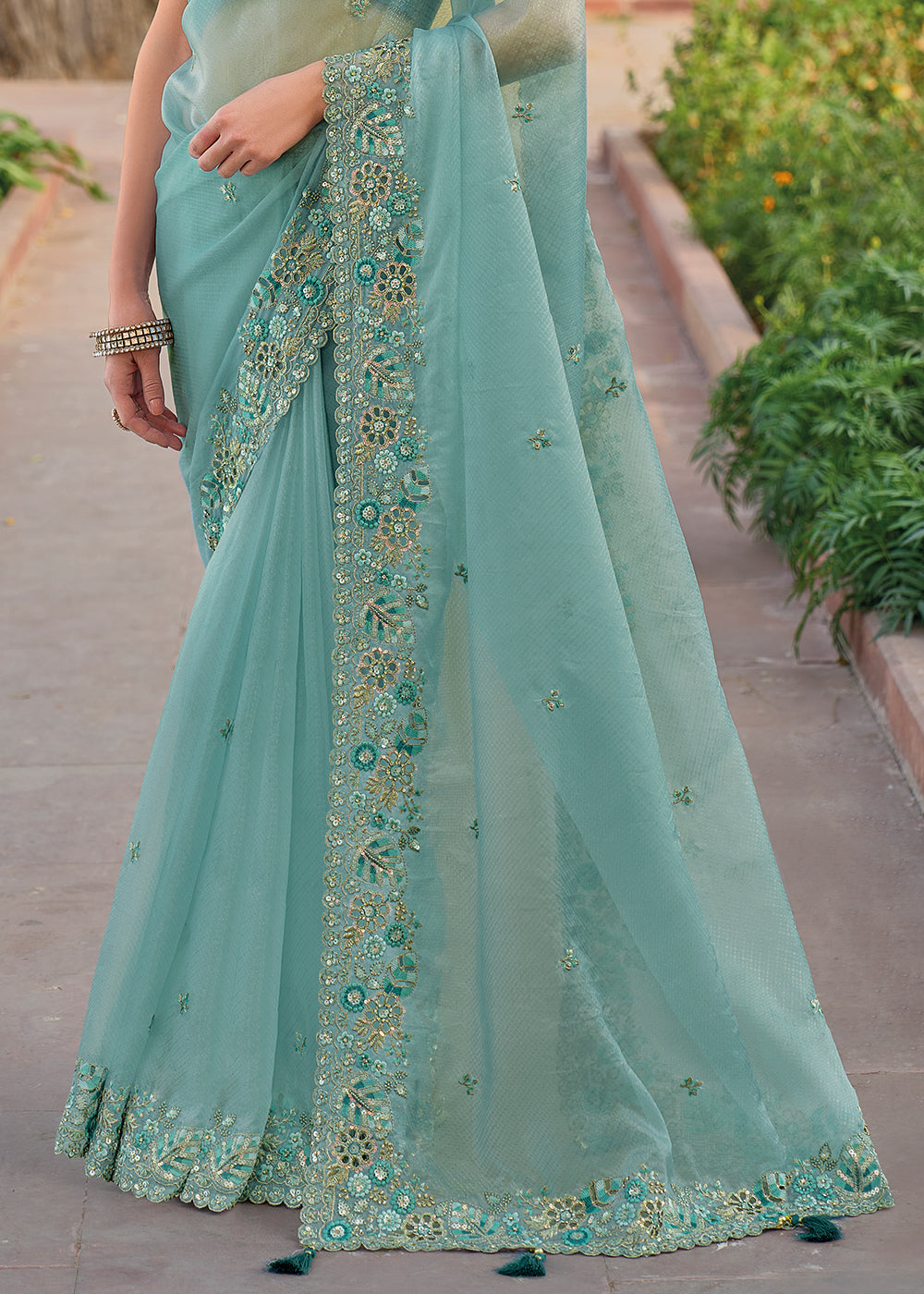 Sea Nymph Blue Tissue Organza Embroidered Silk Saree