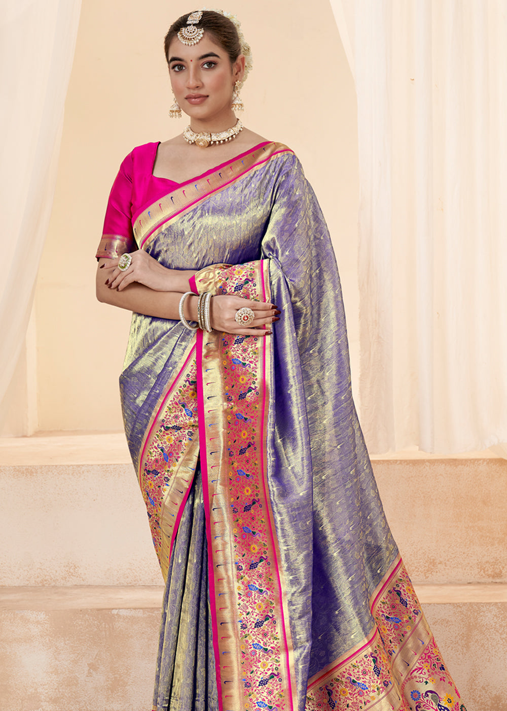 Silver Grey Woven Paithani Tissue Silk Saree