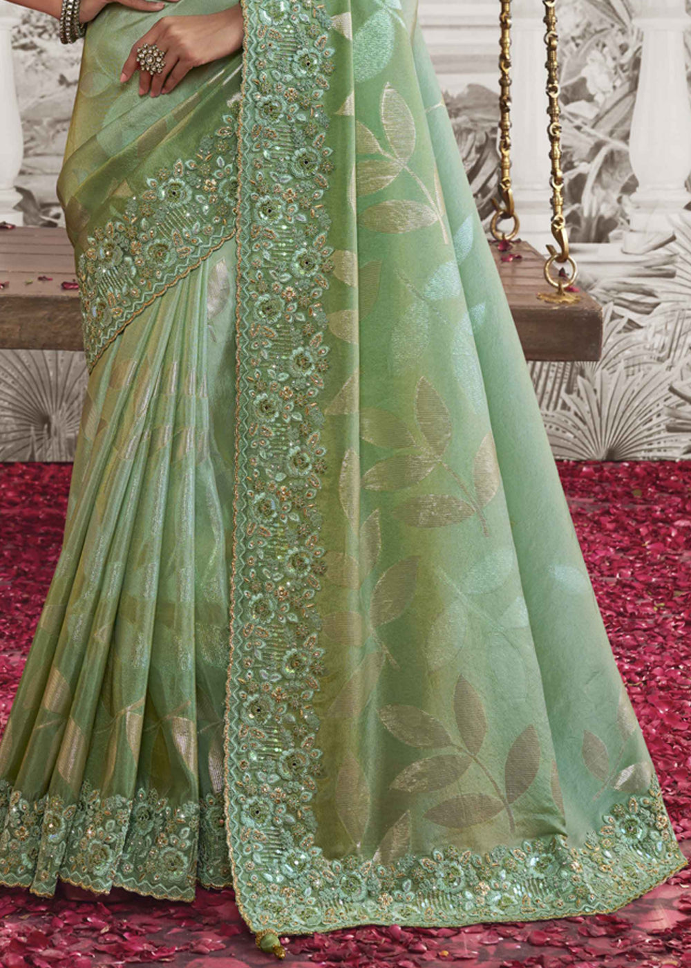 Mint Green Embroidered Designer Silk Saree