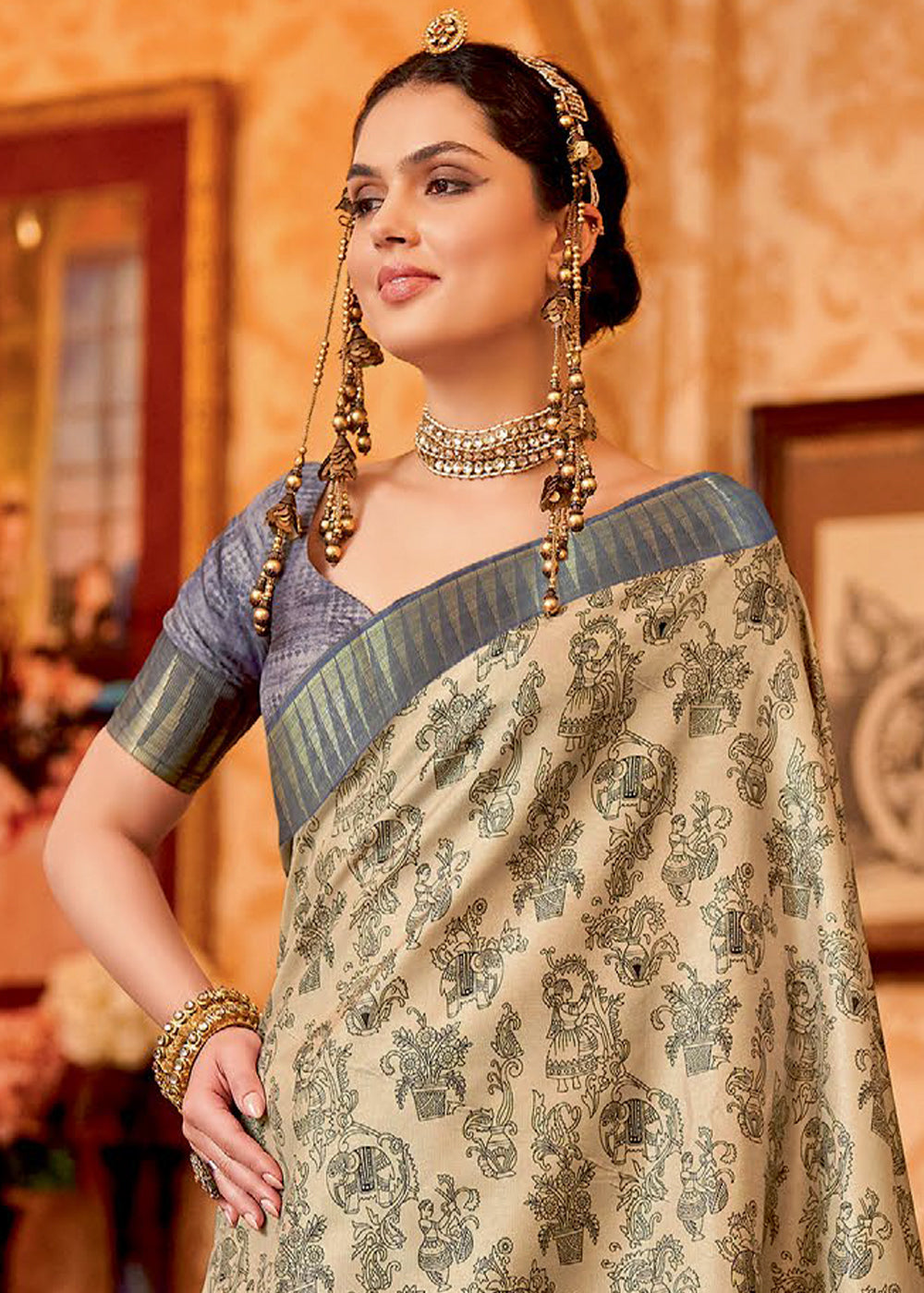 Sorrell Cream and Grey Manipuri Temple Border Printed Silk Saree