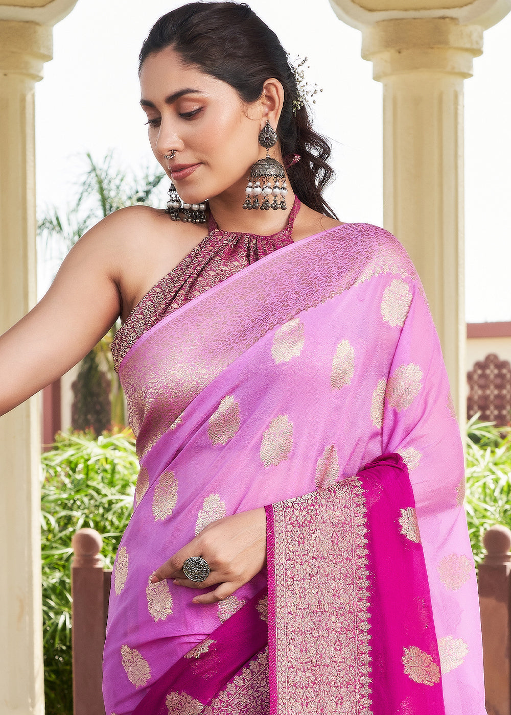 Tyrian Purple Zari Woven Georgette Saree