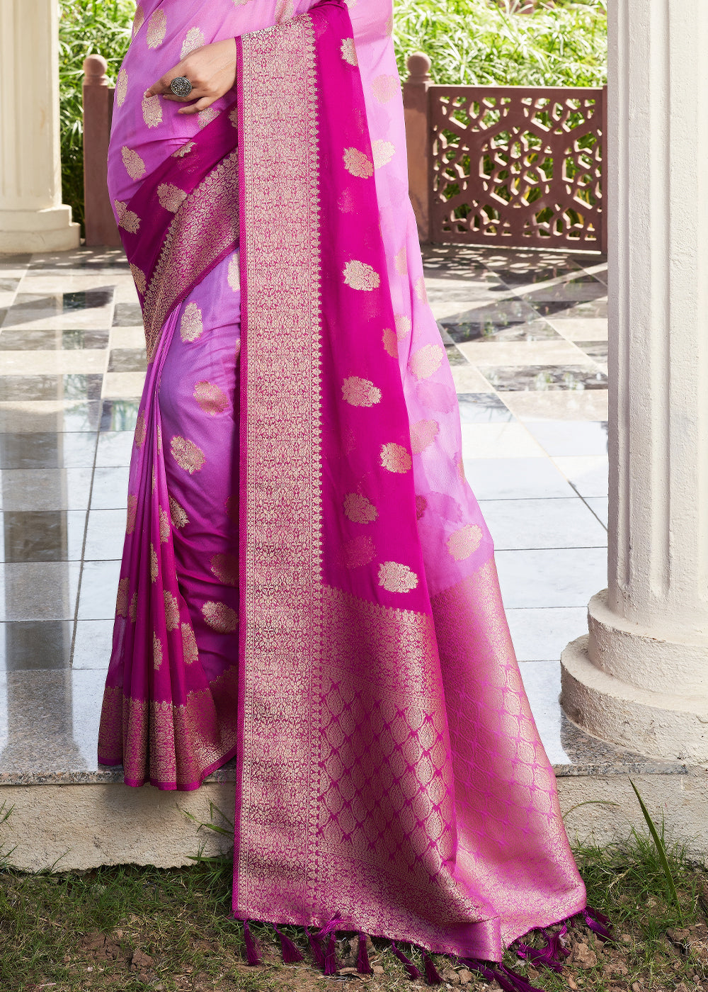 Tyrian Purple Zari Woven Georgette Saree