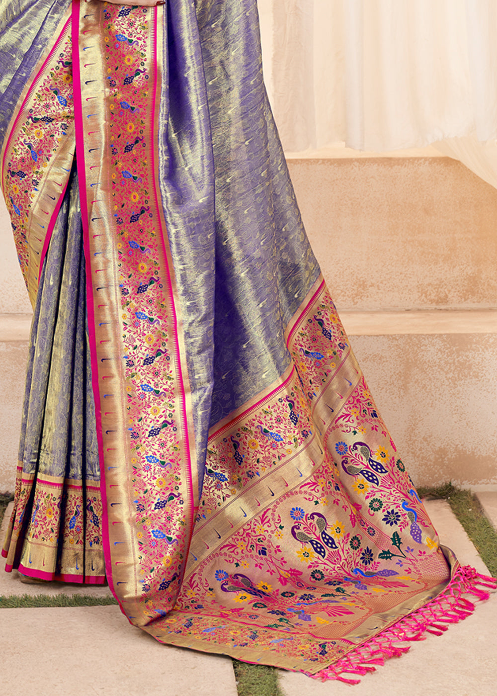 Silver Grey Woven Paithani Tissue Silk Saree