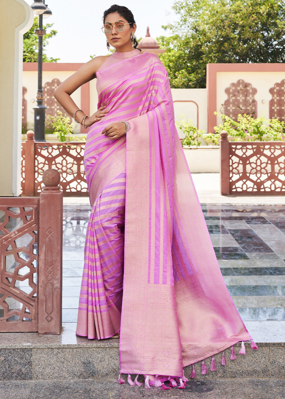 Shocking Pink Woven Lehriya Georgette Saree