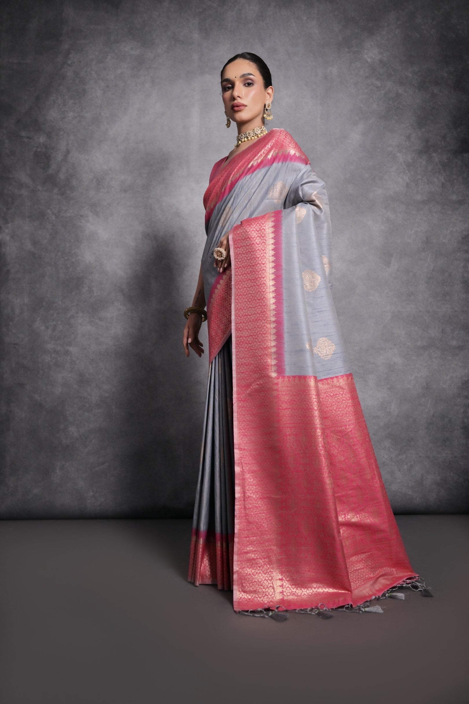 Mountain Mist Grey Tussar Temple Border Silk Saree