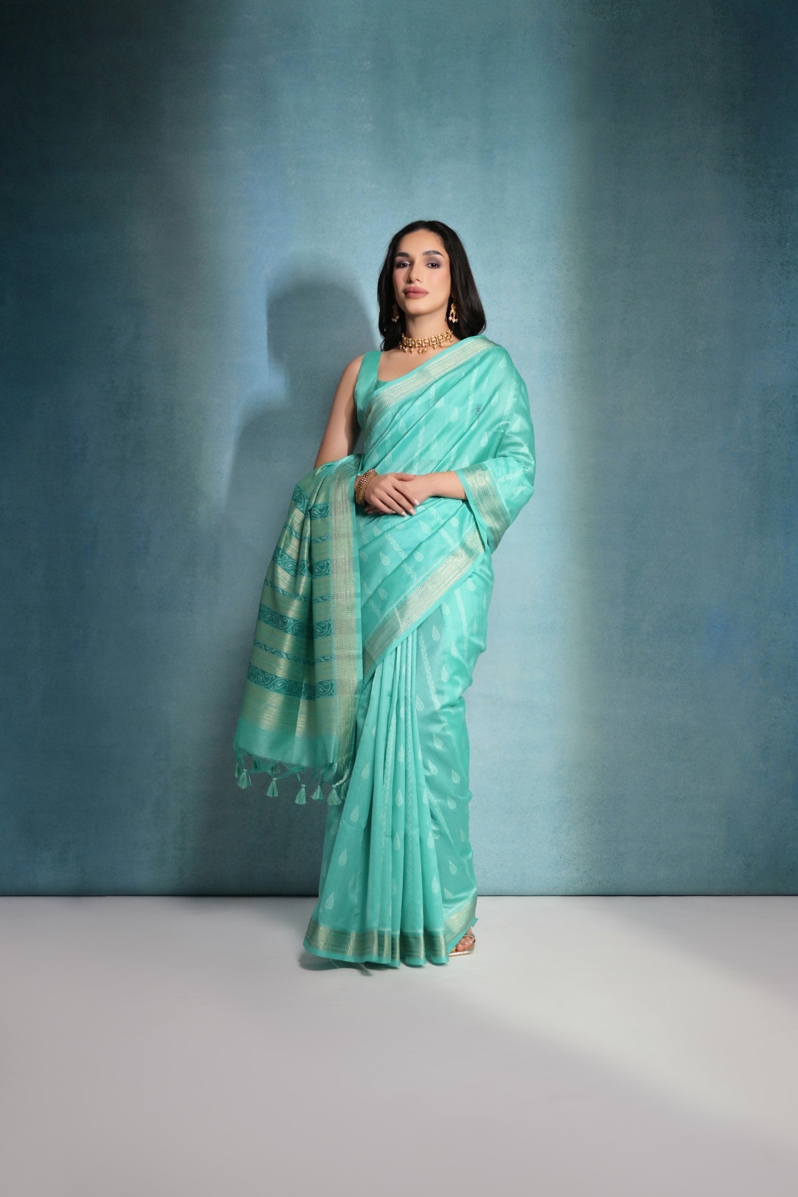 Tradewind Blue Ikkat Woven Raw Silk Saree