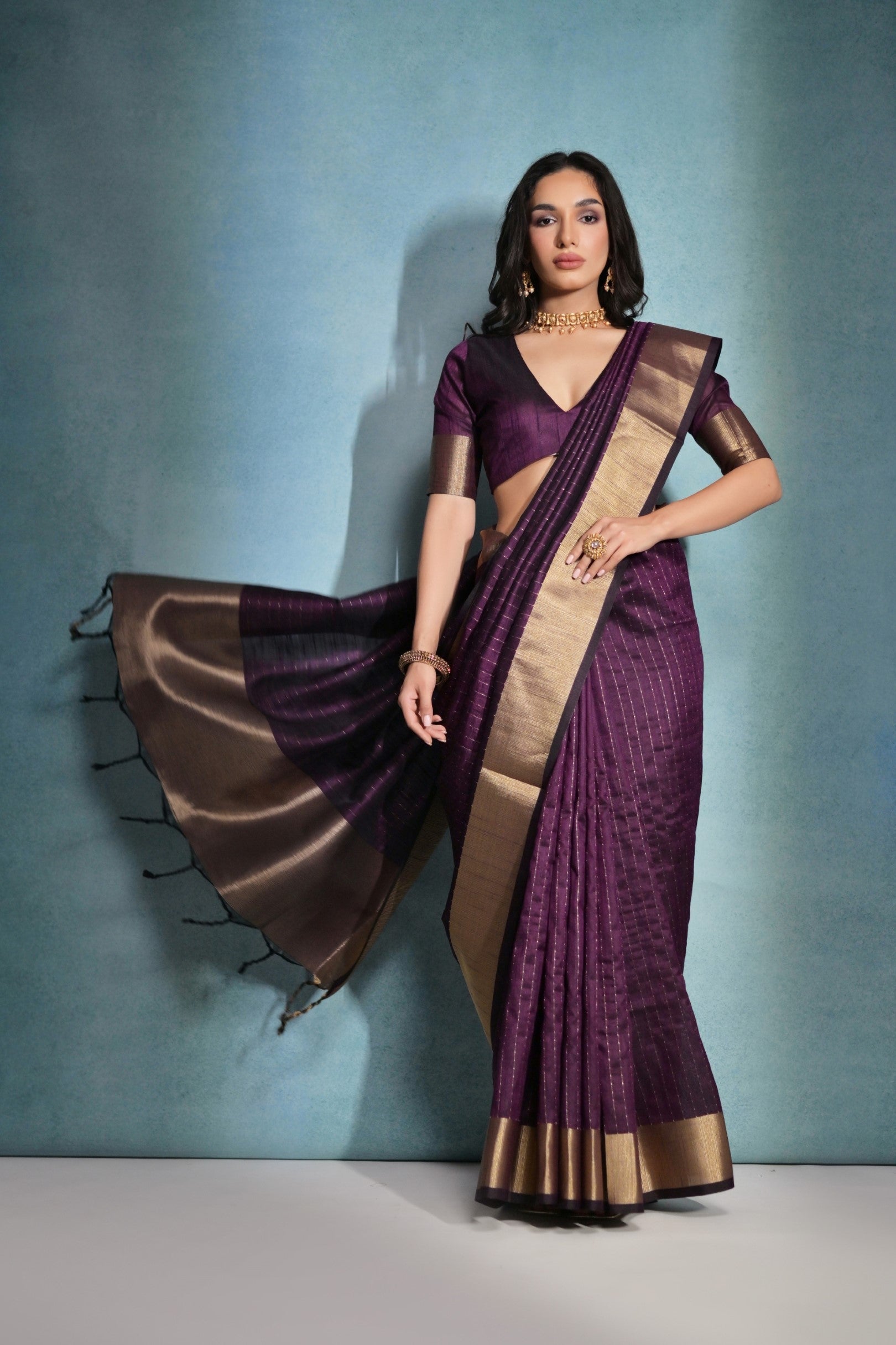 Eggplant Purple Woven Raw Silk Saree