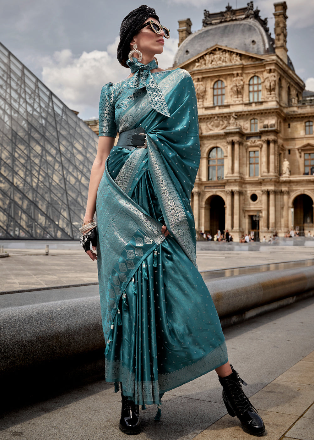 Patina Blue Woven Banarasi Satin Silk Saree