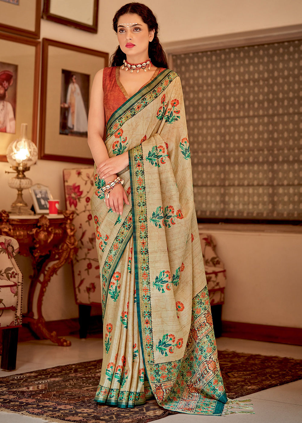 Maize Cream Banarasi Printed Silk Saree