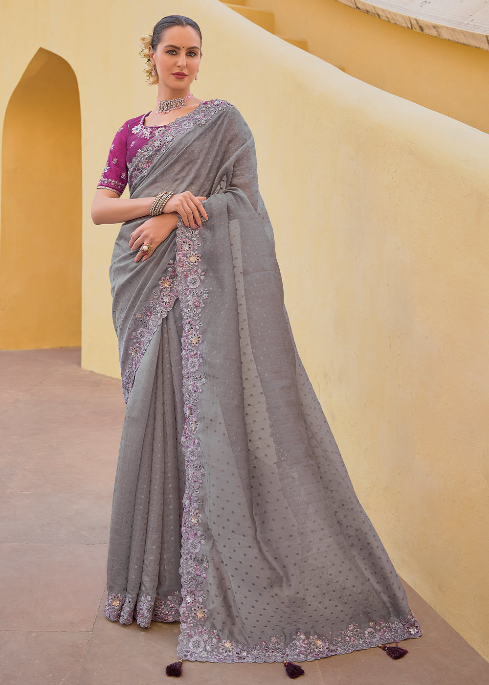 Hurricane Grey Tissue Organza Embroidered Silk Saree