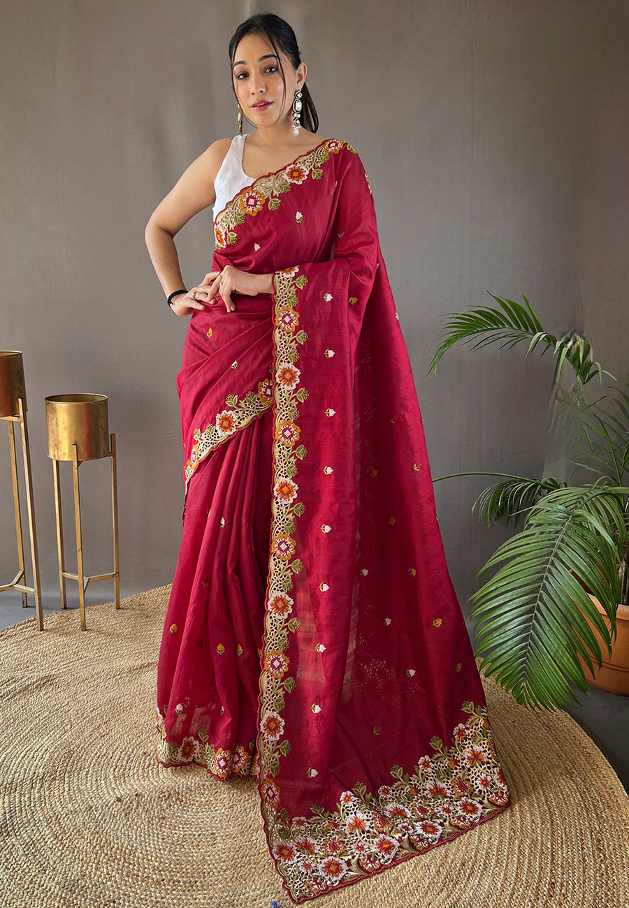 Claret Maroon Embroidered Tussar Silk Saree