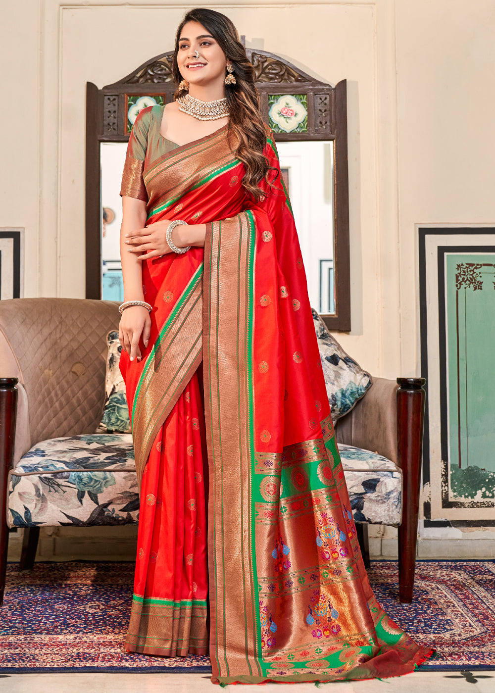 Candy Apple Red Woven Paithani Soft Silk Saree