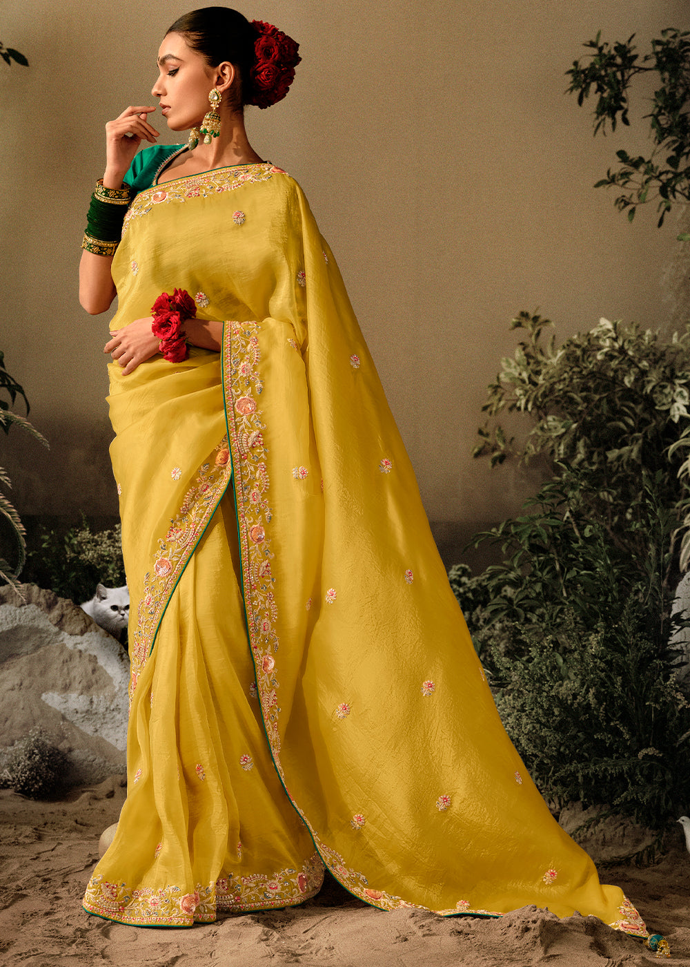 Geebung Yellow Embroidery Designer Banarasi Dola Silk Saree