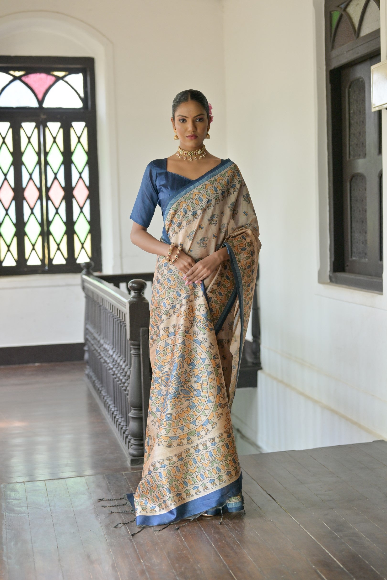 Early Dawn Cream and Blue Madhubani Printed Tussar Silk Saree