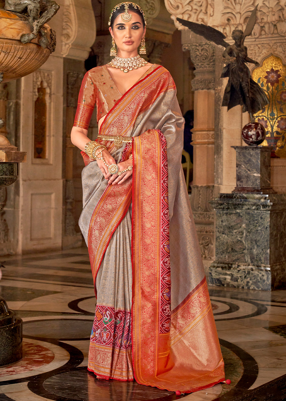 Quicksand Grey Zari Woven Banarasi Meenkari Silk Saree