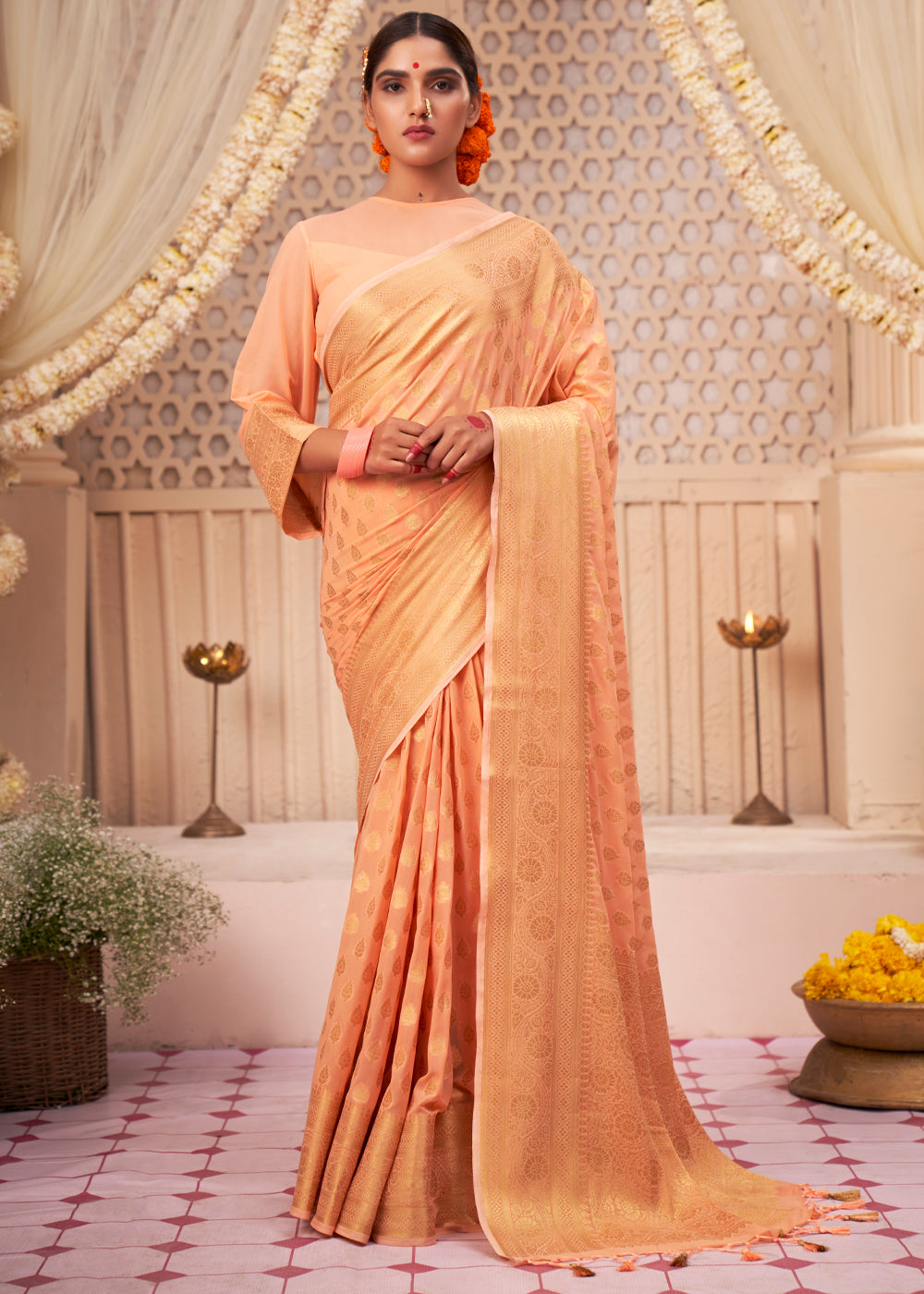 Caramel Orange Woven Georgette Saree