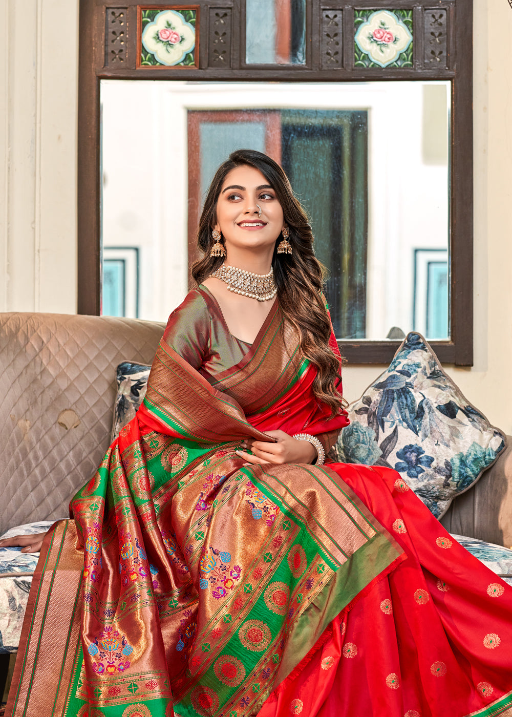 Candy Apple Red Woven Paithani Soft Silk Saree