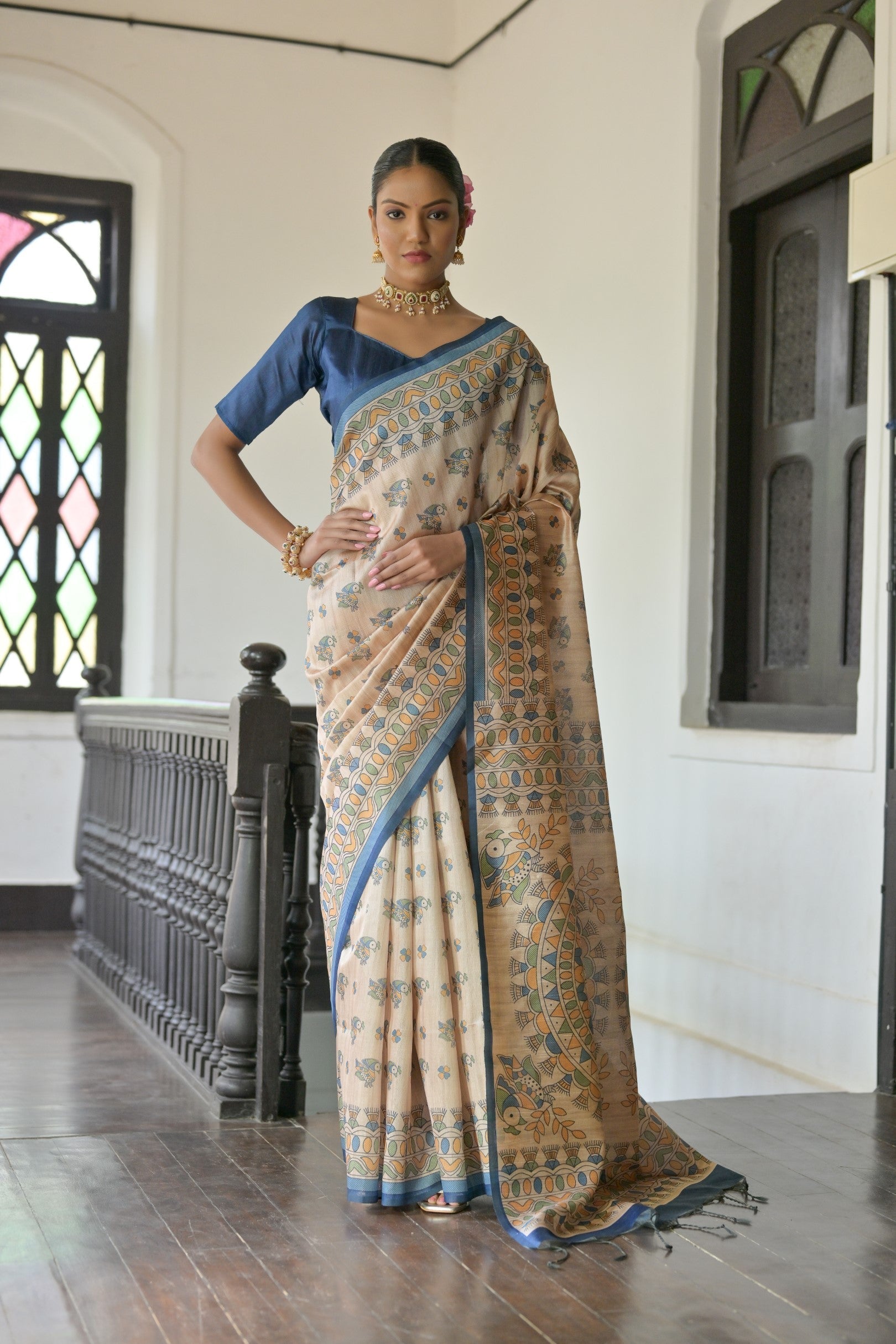 Early Dawn Cream and Blue Madhubani Printed Tussar Silk Saree