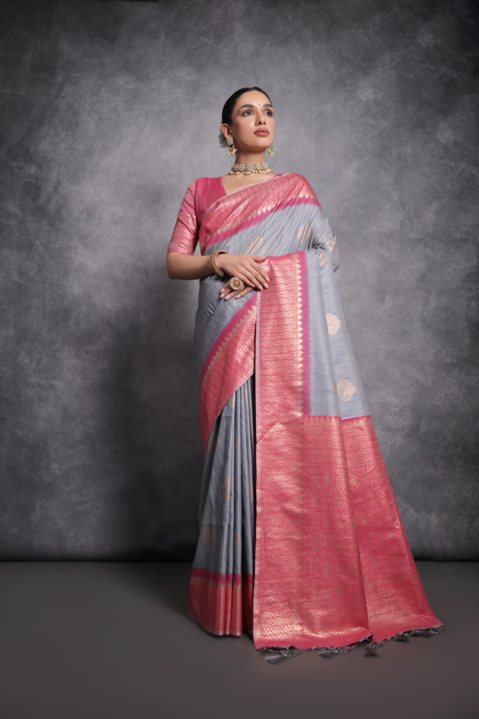 Mountain Mist Grey Tussar Temple Border Silk Saree