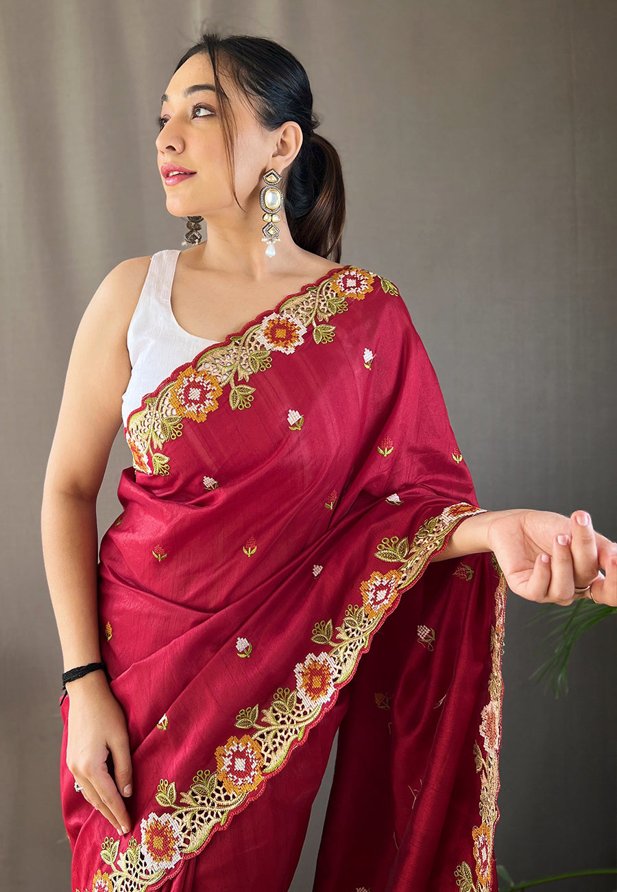 Claret Maroon Embroidered Tussar Silk Saree