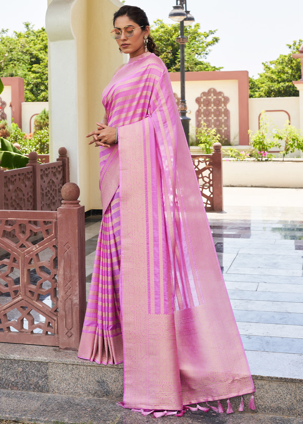 Shocking Pink Woven Lehriya Georgette Saree