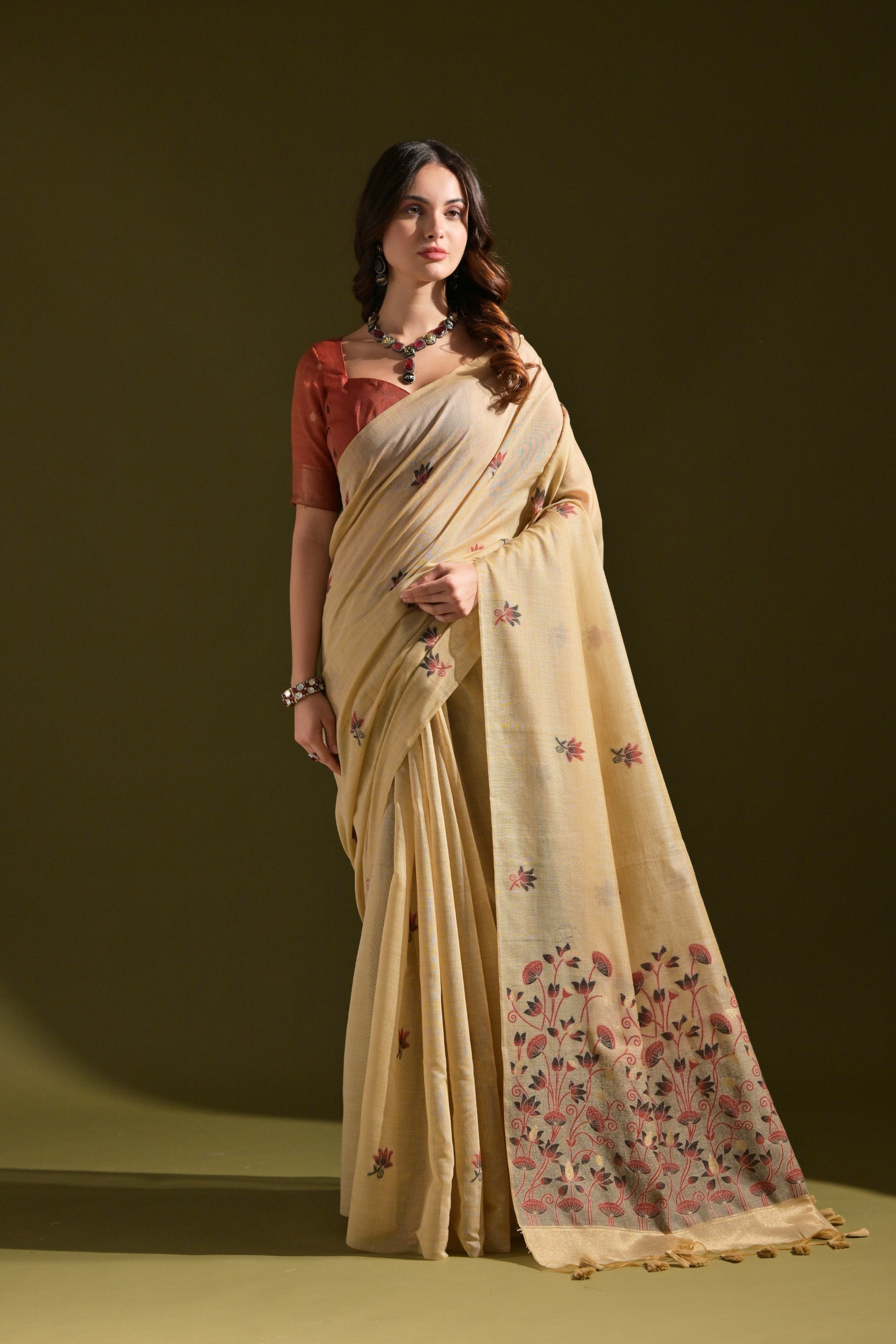 Pancho Cream Meenakari Woven Muga Cotton Saree