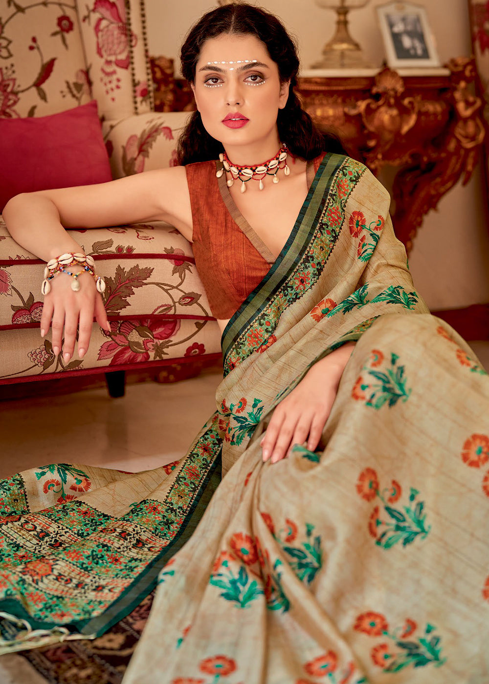 Maize Cream Banarasi Printed Silk Saree