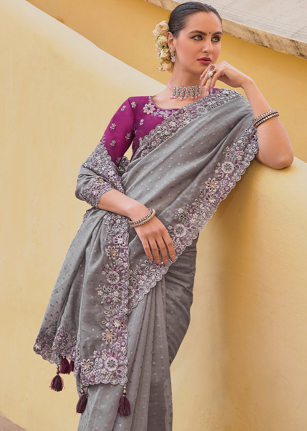 Hurricane Grey Tissue Organza Embroidered Silk Saree