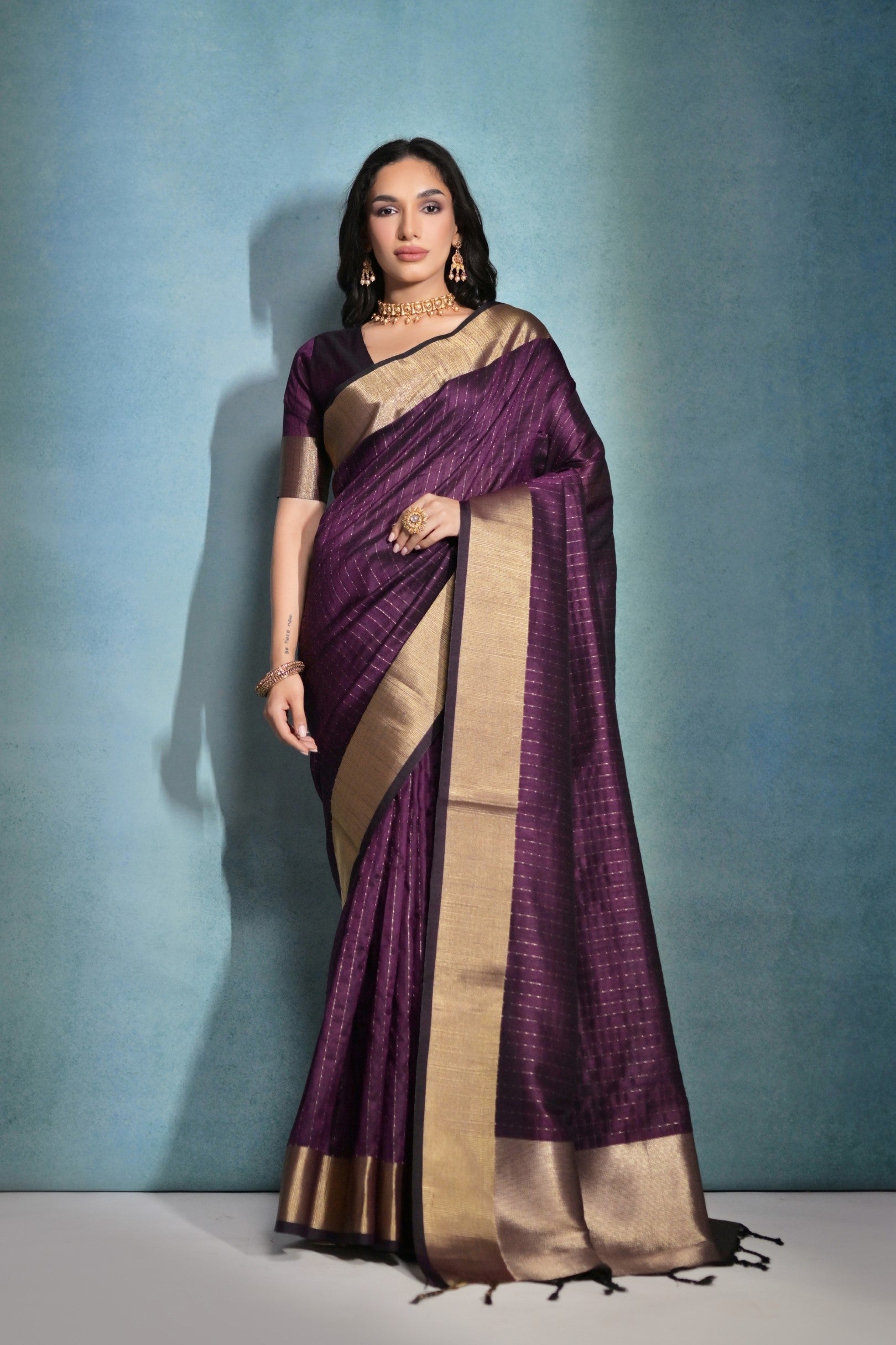 Eggplant Purple Woven Raw Silk Saree