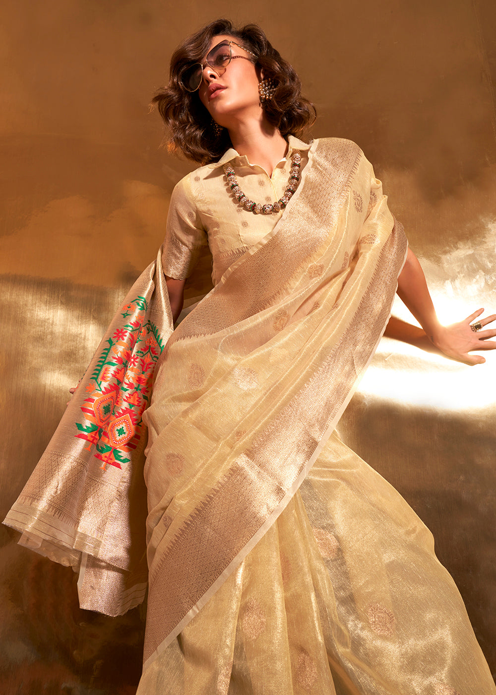 Lemon Chiffon Yellow Handloom Tissue Silk Saree