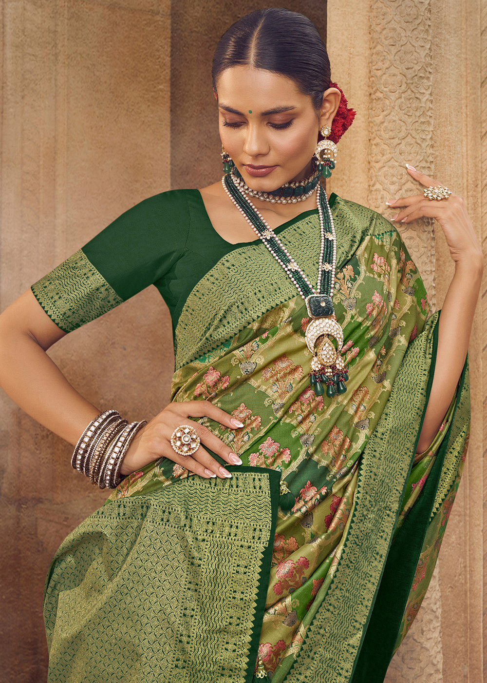 Costa Del Sol Green Woven Banarasi Silk Saree