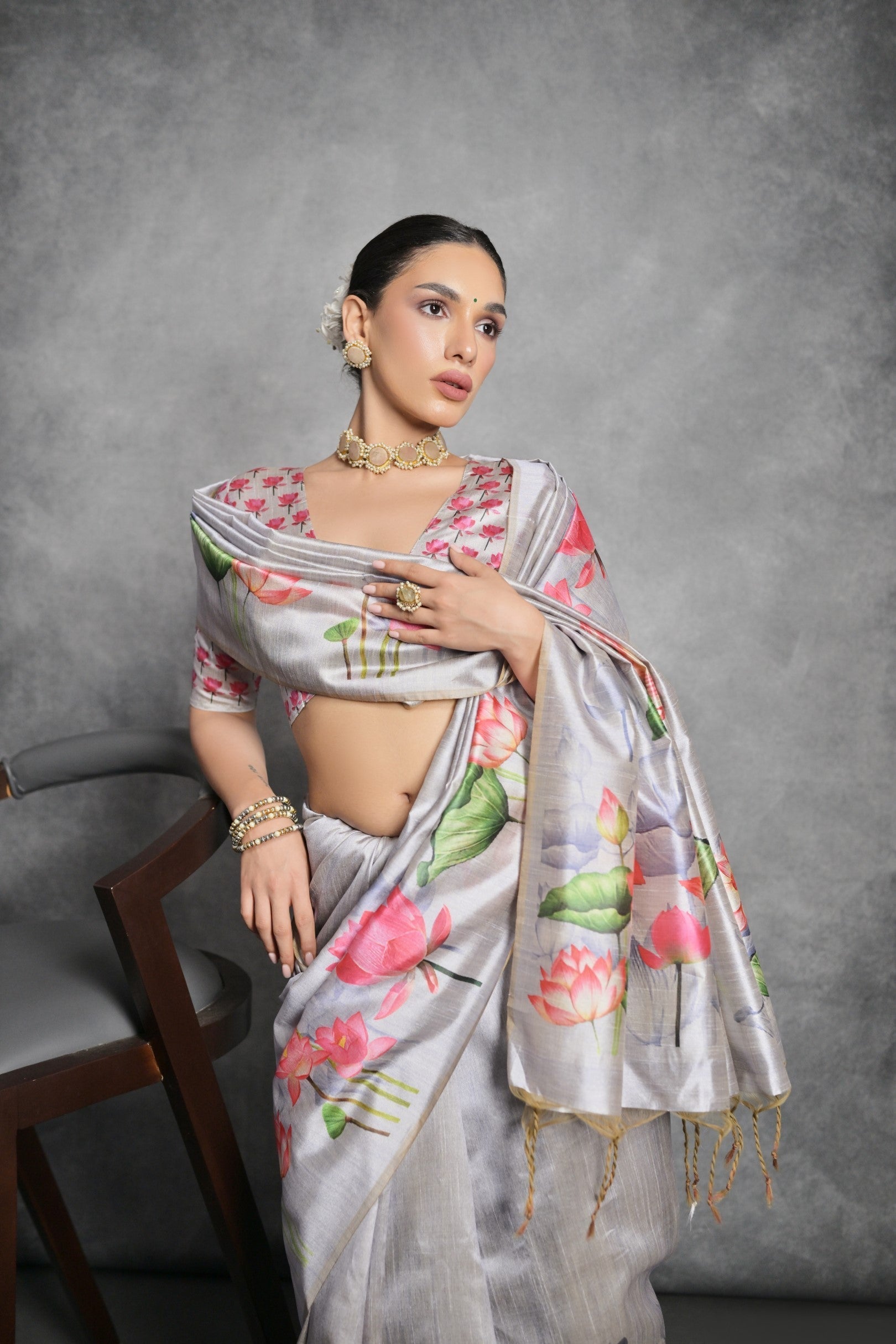 Pale Slate Grey Floral Printed Tussar Silk Saree