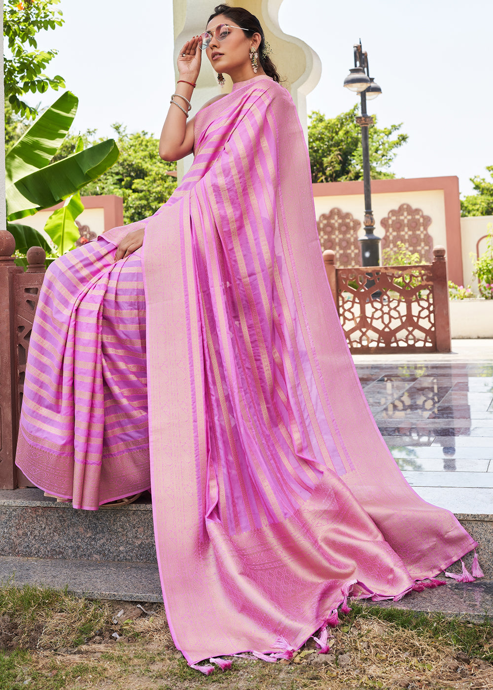 Shocking Pink Woven Lehriya Georgette Saree