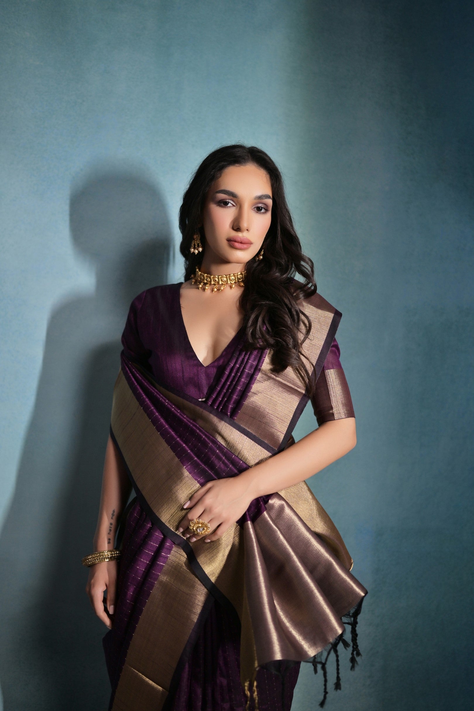 Eggplant Purple Woven Raw Silk Saree