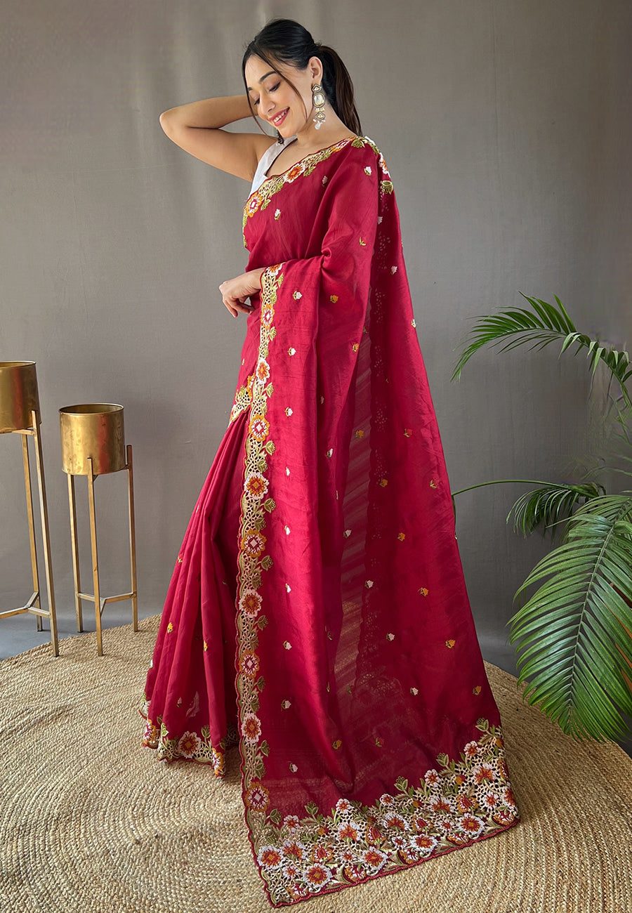 Claret Maroon Embroidered Tussar Silk Saree