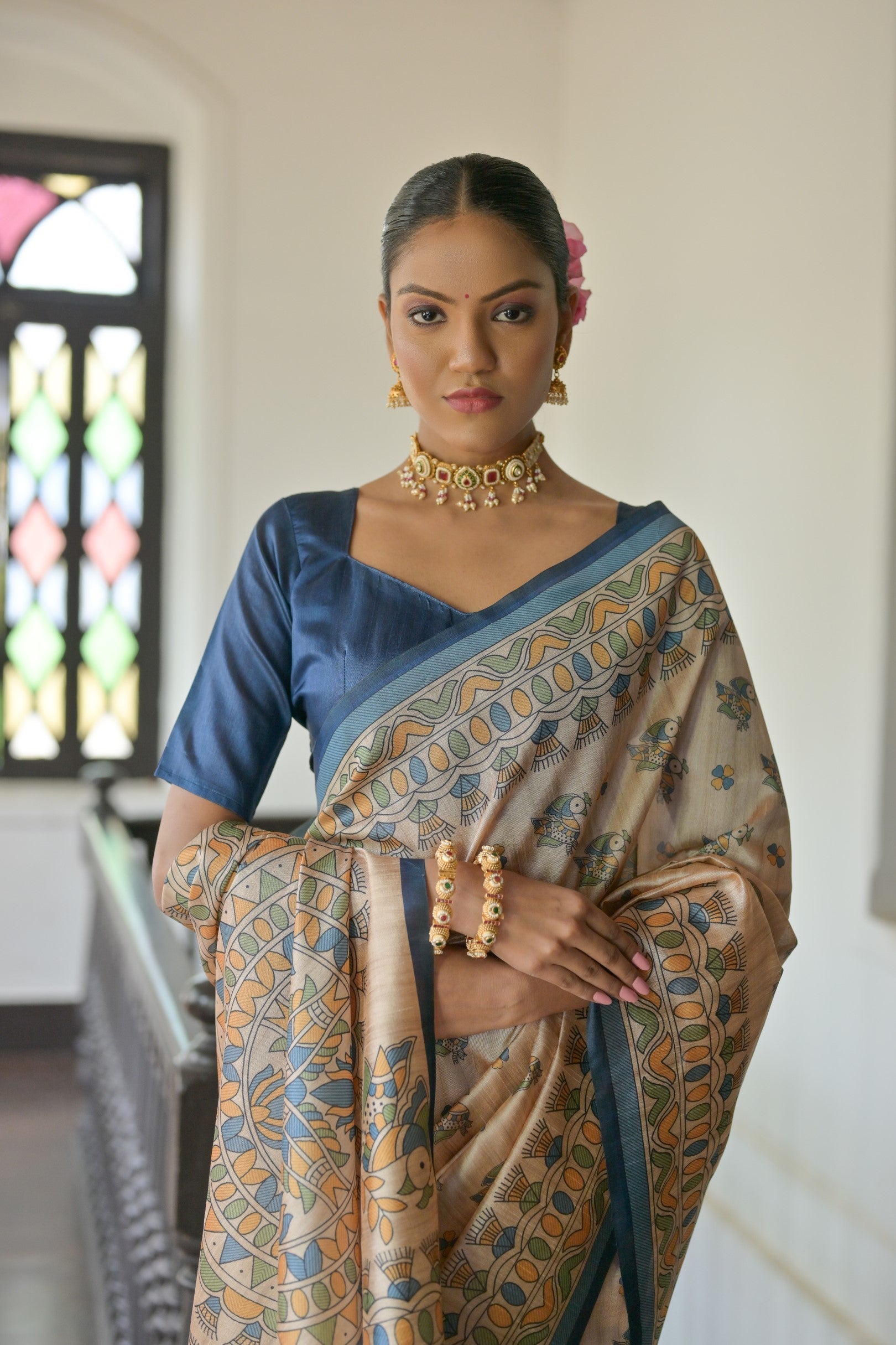 Early Dawn Cream and Blue Madhubani Printed Tussar Silk Saree